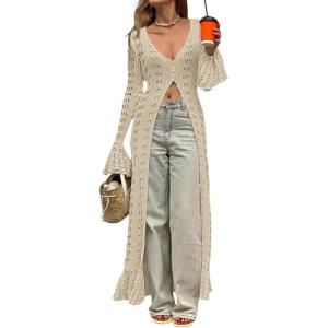 Saodimallsu Womens Crochet Long Cardigans Duster Button Up Bell Long Sleeve Ruffle 2026 Summer Boho Beach Cover Ups(Khaki)