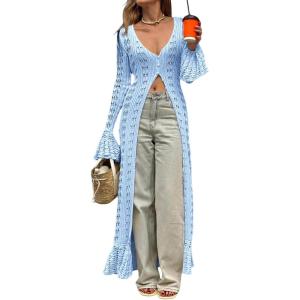Saodimallsu Womens Crochet Long Cardigans Duster Button Up Bell Long Sleeve Ruffle 2026 Summer Boho Beach Cover Ups(Sky Blue)