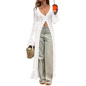 Saodimallsu Womens Crochet Long Cardigans Duster Button Up Bell Long Sleeve Ruffle 2026 Summer Boho Beach Cover Ups(White)