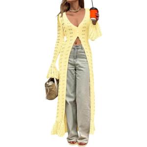 Saodimallsu Womens Crochet Long Cardigans Duster Button Up Bell Long Sleeve Ruffle 2026 Summer Boho Beach Cover Ups(Yellow)