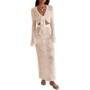 Saodimallsu Womens Crochet Swim Cover Up 2 Piece V Neck Long Sleeve Wrap Tie Crop Tops Beach Boho Maxi Coverup Set(Apricot)
