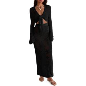 Saodimallsu Womens Crochet Swim Cover Up 2 Piece V Neck Long Sleeve Wrap Tie Crop Tops Beach Boho Maxi Coverup Set(Black)