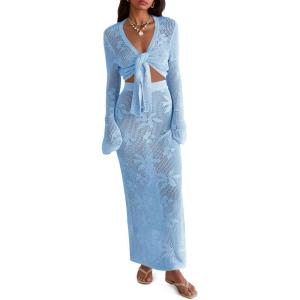 Saodimallsu Womens Crochet Swim Cover Up 2 Piece V Neck Long Sleeve Wrap Tie Crop Tops Beach Boho Maxi Coverup Set(Blue)