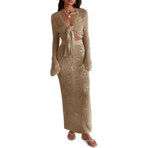 Saodimallsu Womens Crochet Swim Cover Up 2 Piece V Neck Long Sleeve Wrap Tie Crop Tops Beach Boho Maxi Coverup Set(Khaki)