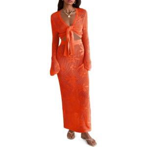 Saodimallsu Womens Crochet Swim Cover Up 2 Piece V Neck Long Sleeve Wrap Tie Crop Tops Beach Boho Maxi Coverup Set(Orange)