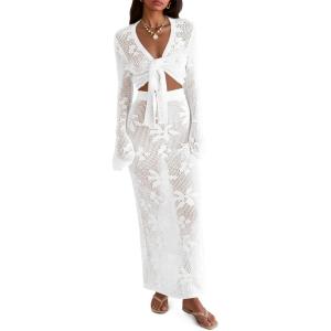 Saodimallsu Womens Crochet Swim Cover Up 2 Piece V Neck Long Sleeve Wrap Tie Crop Tops Beach Boho Maxi Coverup Set(White)