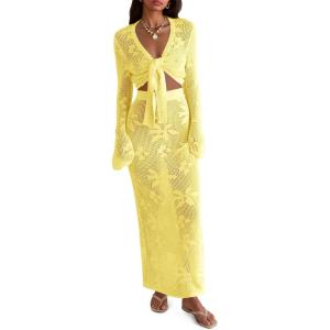 Saodimallsu Womens Crochet Swim Cover Up 2 Piece V Neck Long Sleeve Wrap Tie Crop Tops Beach Boho Maxi Coverup Set(Yellow)