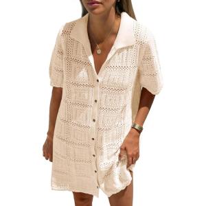 Saodimallsu Womens Crochet Swimsuit Cover Up Dress Short Sleeve Button V Neck Knit Summer Beach Vacation Outfits(Beige)