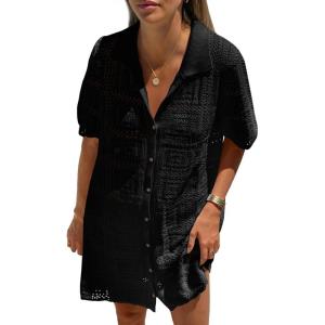 Saodimallsu Womens Crochet Swimsuit Cover Up Dress Short Sleeve Button V Neck Knit Summer Beach Vacation Outfits(Black)