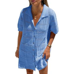 Saodimallsu Womens Crochet Swimsuit Cover Up Dress Short Sleeve Button V Neck Knit Summer Beach Vacation Outfits(Blue)
