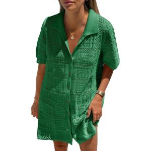 Saodimallsu Womens Crochet Swimsuit Cover Up Dress Short Sleeve Button V Neck Knit Summer Beach Vacation Outfits(Green)