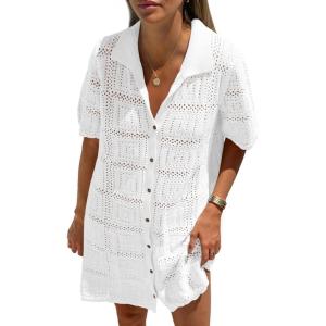 Saodimallsu Womens Crochet Swimsuit Cover Up Dress Short Sleeve Button V Neck Knit Summer Beach Vacation Outfits(White)