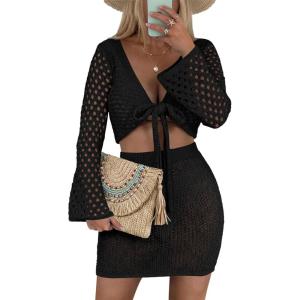 Saodimallsu Womens Crochet Swimsuit Coverup Beach 2 Piece Cover Up Set Crop Long Sleeve Tie Front Tops Mini Skirt Sets(Black)