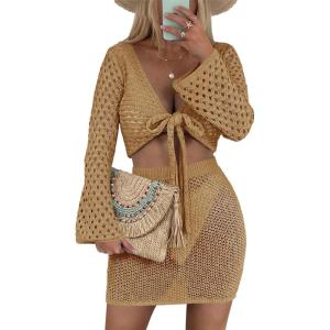 Saodimallsu Womens Crochet Swimsuit Coverup Beach 2 Piece Cover Up Set Crop Long Sleeve Tie Front Tops Mini Skirt Sets(Khaki)