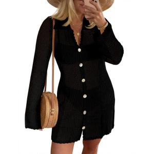 Saodimallsu Womens Crochet Swimsuit Coverup Button Down Long Sleeve Cardigan Mini Dress Beach Cover Ups Vacation Outfits(Black)