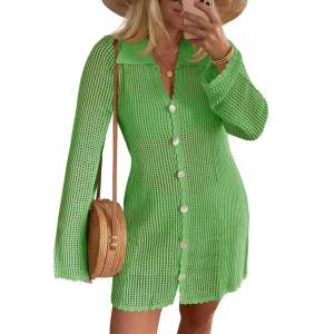 Saodimallsu Womens Crochet Swimsuit Coverup Button Down Long Sleeve Cardigan Mini Dress Beach Cover Ups Vacation Outfits(Green)