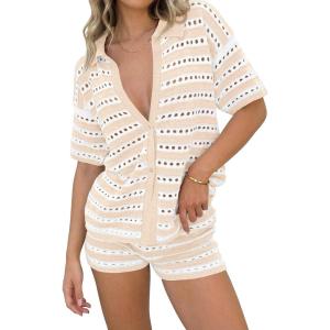 Saodimallsu Womens Crochet Swimsuit Coverup Summer 2 Piece Outfits Striped Knit Short Sleeve Button Shirts Shorts Sets(Apricot)