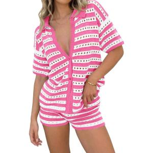 Saodimallsu Womens Crochet Swimsuit Coverup Summer 2 Piece Outfits Striped Knit Short Sleeve Button Shirts Shorts Sets(Bright Pink)
