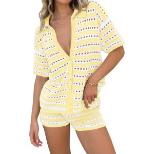 Saodimallsu Womens Crochet Swimsuit Coverup Summer 2 Piece Outfits Striped Knit Short Sleeve Button Shirts Shorts Sets(Yellow)
