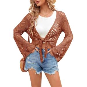 Saodimallsu Womens Crochet Tie Front Cardigans Bell Long Sleeve Lightweight Knit Summer Crop Tops Vacation Outfits(Brick Red)