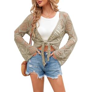 Saodimallsu Womens Crochet Tie Front Cardigans Bell Long Sleeve Lightweight Knit Summer Crop Tops Vacation Outfits(Khaki)