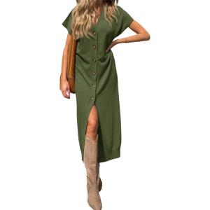 Saodimallsu Womens Long Cardigans Lightweight Short Sleeve Button V Neck Loose Knit Casual Summer Midi Sweater Dress(Army Green)
