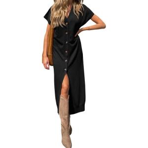 Saodimallsu Womens Long Cardigans Lightweight Short Sleeve Button V Neck Loose Knit Casual Summer Midi Sweater Dress(Black)