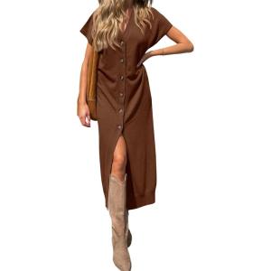 Saodimallsu Womens Long Cardigans Lightweight Short Sleeve Button V Neck Loose Knit Casual Summer Midi Sweater Dress(Brown)