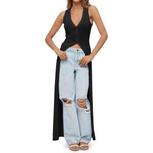 Saodimallsu Womens Long Cardigans Sleeveless V Neck Button Lightweight Knit Duster Vest Top Beach Cover Up(Black)
