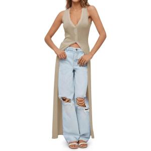 Saodimallsu Womens Long Cardigans Sleeveless V Neck Button Lightweight Knit Duster Vest Top Beach Cover Up(Khaki)