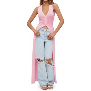Saodimallsu Womens Long Cardigans Sleeveless V Neck Button Lightweight Knit Duster Vest Top Beach Cover Up(Pink)