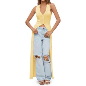 Saodimallsu Womens Long Cardigans Sleeveless V Neck Button Lightweight Knit Duster Vest Top Beach Cover Up(Yellow)