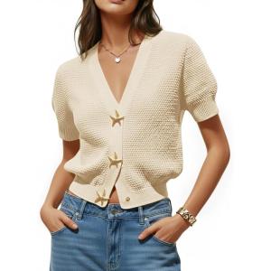 Saodimallsu Womens Puff Short Sleeve Cardigans V Neck Button Down Casual Summer Lightweight Knit Sweater Tops(Apricot)