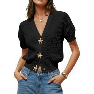 Saodimallsu Womens Puff Short Sleeve Cardigans V Neck Button Down Casual Summer Lightweight Knit Sweater Tops(Black)
