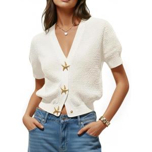 Saodimallsu Womens Puff Short Sleeve Cardigans V Neck Button Down Casual Summer Lightweight Knit Sweater Tops(White)