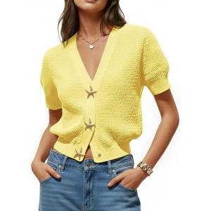 Saodimallsu Womens Puff Short Sleeve Cardigans V Neck Button Down Casual Summer Lightweight Knit Sweater Tops(Yellow)