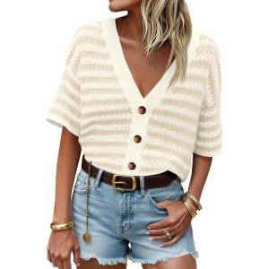 Saodimallsu Womens Short Sleeve Striped Cardigan Sweaters Crochet Knit Button Down Shirts V Neck Spring Summer Tops(Apricot)