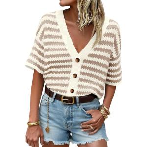 Saodimallsu Womens Short Sleeve Striped Cardigan Sweaters Crochet Knit Button Down Shirts V Neck Spring Summer Tops(Khaki)