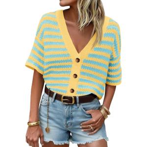 Saodimallsu Womens Short Sleeve Striped Cardigan Sweaters Crochet Knit Button Down Shirts V Neck Spring Summer Tops(Lake Blue)