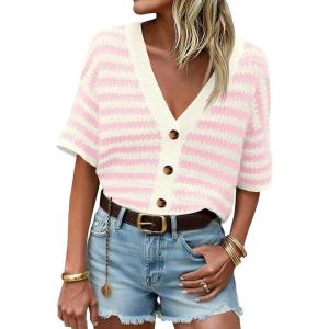 Saodimallsu Womens Short Sleeve Striped Cardigan Sweaters Crochet Knit Button Down Shirts V Neck Spring Summer Tops(Pink)