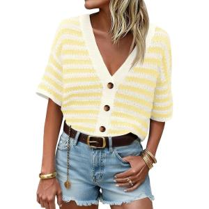 Saodimallsu Womens Short Sleeve Striped Cardigan Sweaters Crochet Knit Button Down Shirts V Neck Spring Summer Tops(Yellow)
