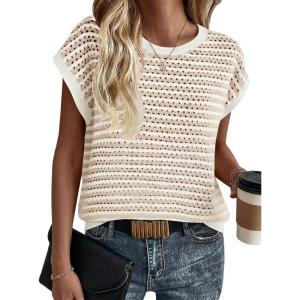 Saodimallsu Womens Short Sleeve Sweater Summer Striped Crochet Tops Casual Cap Sleeve Crewneck Knit Sweater Vest T-Shirts(Beige)