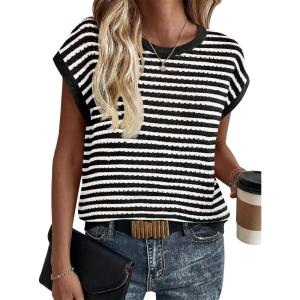 Saodimallsu Womens Short Sleeve Sweater Summer Striped Crochet Tops Casual Cap Sleeve Crewneck Knit Sweater Vest T-Shirts(Black)