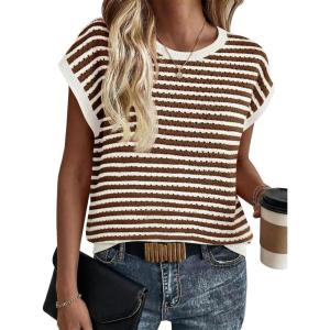 Saodimallsu Womens Short Sleeve Sweater Summer Striped Crochet Tops Casual Cap Sleeve Crewneck Knit Sweater Vest T-Shirts(Brown)