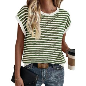 Saodimallsu Womens Short Sleeve Sweater Summer Striped Crochet Tops Casual Cap Sleeve Crewneck Knit Sweater Vest T-Shirts(Green)