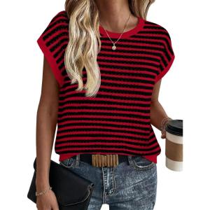 Saodimallsu Womens Short Sleeve Sweater Summer Striped Crochet Tops Casual Cap Sleeve Crewneck Knit Sweater Vest T-Shirts(Red)