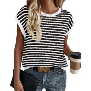 Saodimallsu Womens Short Sleeve Sweater Summer Striped Crochet Tops Casual Cap Sleeve Crewneck Knit Sweater Vest T-Shirts(White)
