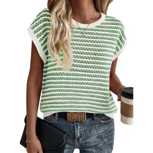 Saodimallsu Womens Short Sleeve Sweater Summer Striped Crochet Tops Casual Cap Sleeve Crewneck Knit Sweater Vest T-Shirts(White&green)