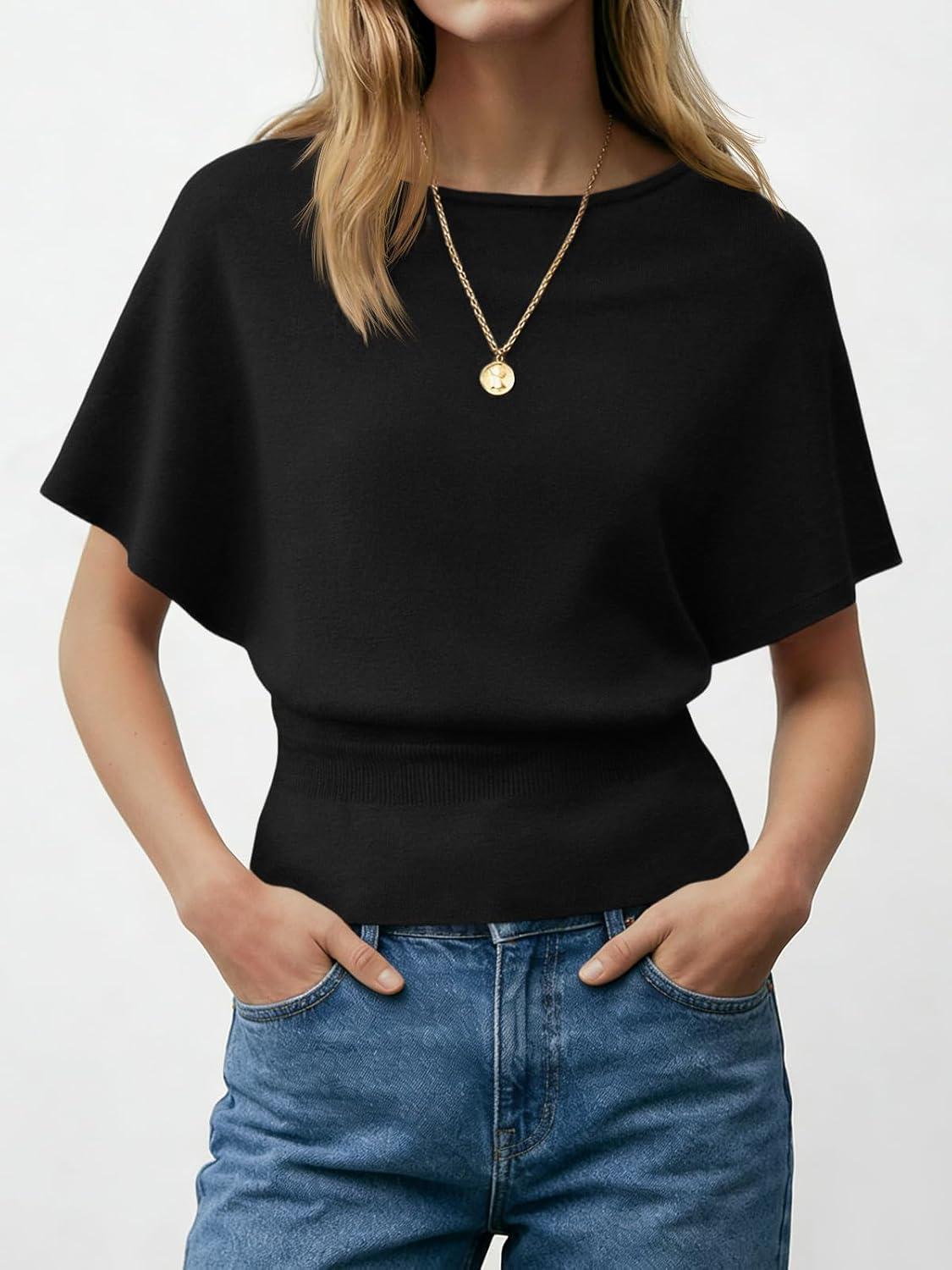 image:imageSaodimallsu Womens Boat Neck Summer Tops Batwing Dolman Short Sleeve Trendy Ribbed Knit Cinched Waist Knit Sweater TopBlack