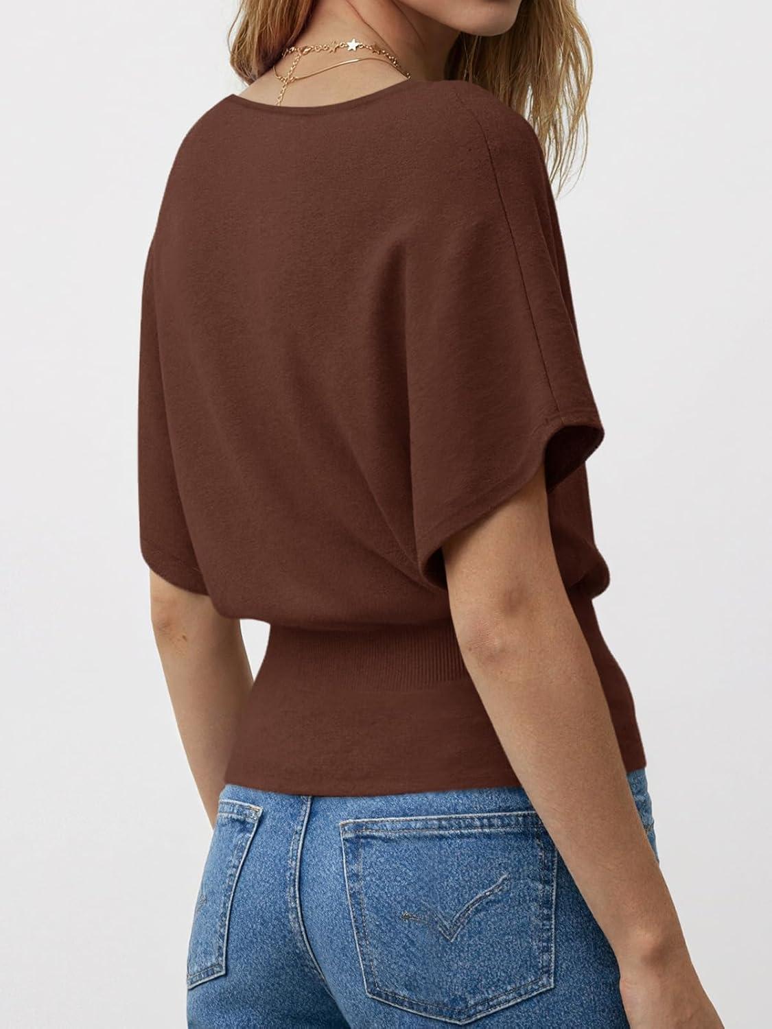 image:imageSaodimallsu Womens Boat Neck Summer Tops Batwing Dolman Short Sleeve Trendy Ribbed Knit Cinched Waist Knit Sweater TopCoffee